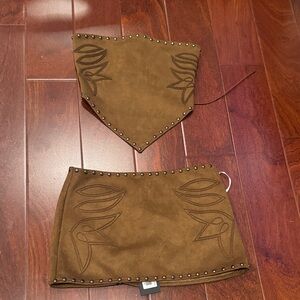 White Fox Boutique Chocolate Suede Mini Skirt with matching top